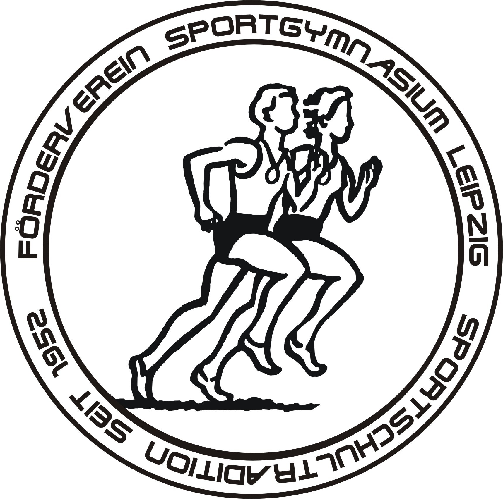 Logo: Zwei Läufer umrandet vom Schriftzug Förderverein Sportgymnasium Leipzig - Sportschultradition seit 1952.