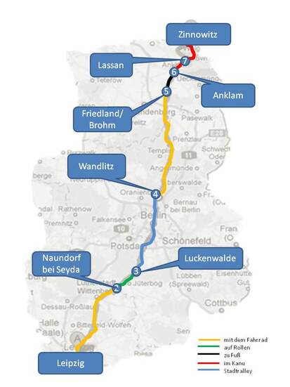 Eine sportliche Tour von Leipzig nach Zinnowitz. In der Grafik werden die sieben Etappen vorgestellt. Eine sportliche Tour von Leipzig nach Zinnowitz. In der Grafik werden die sieben Etappen vorgestellt.