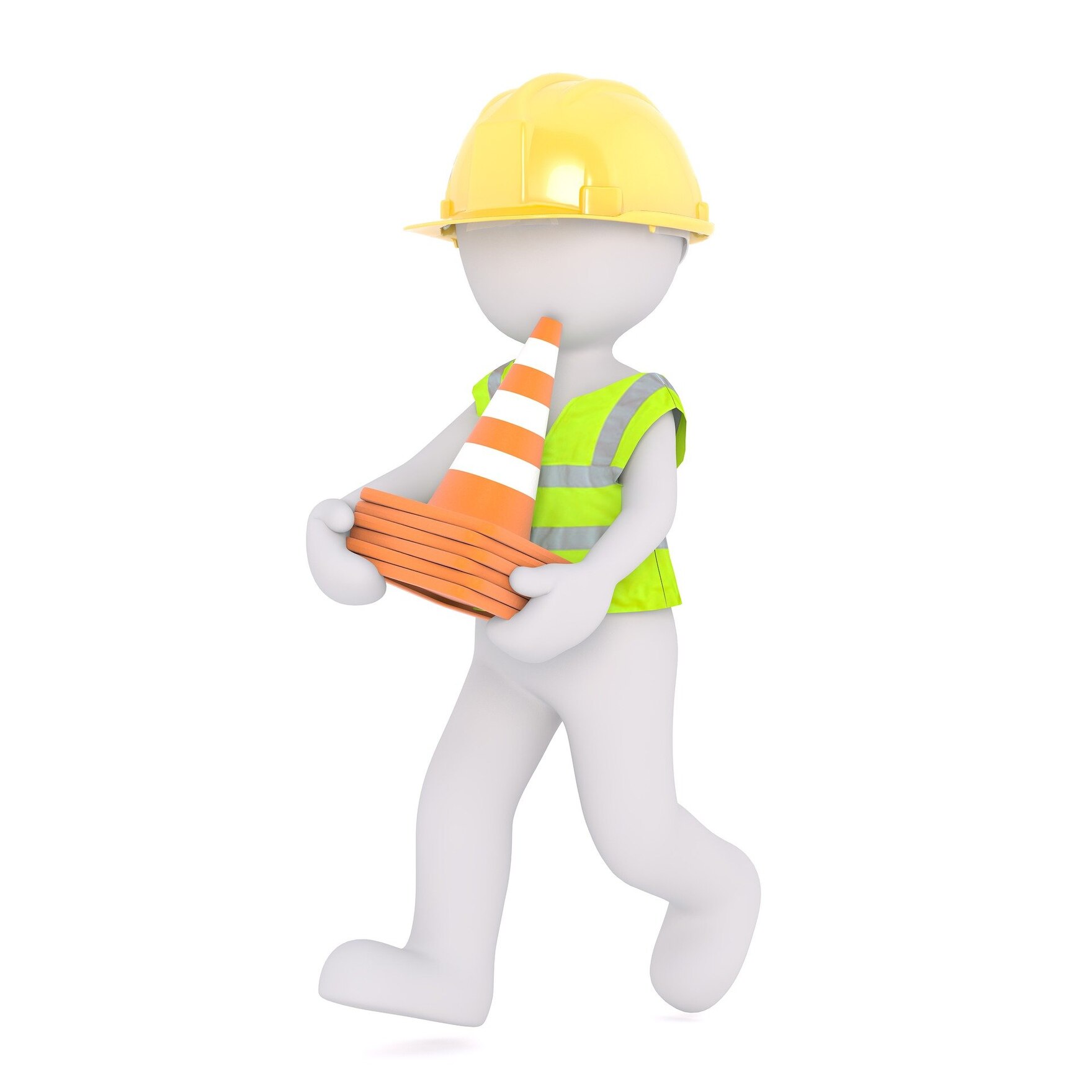 Grafik: Bauarbeiter mit Warnweste und Helm trägt Kegel.